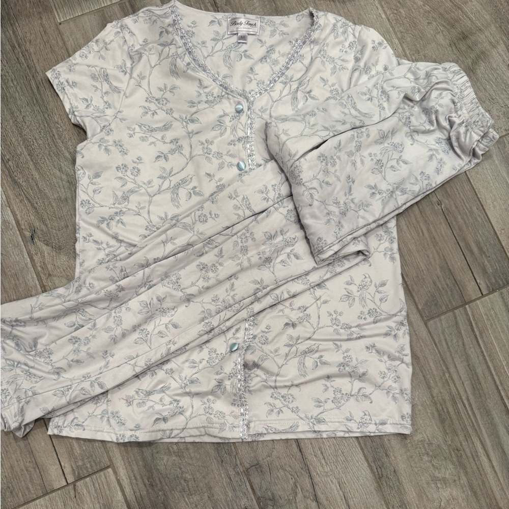 White and Blue Floral Print Soft Pajama Set with Blue Lace Accents and Trim